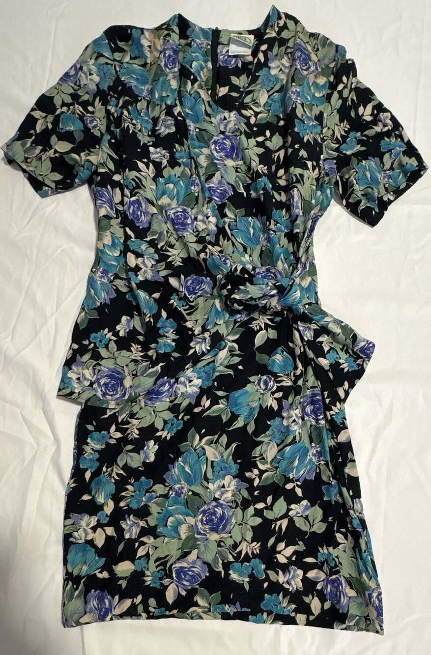 Laura Ashley Floral Faux Wrap Midi Dress Size USA 14 Black Blue